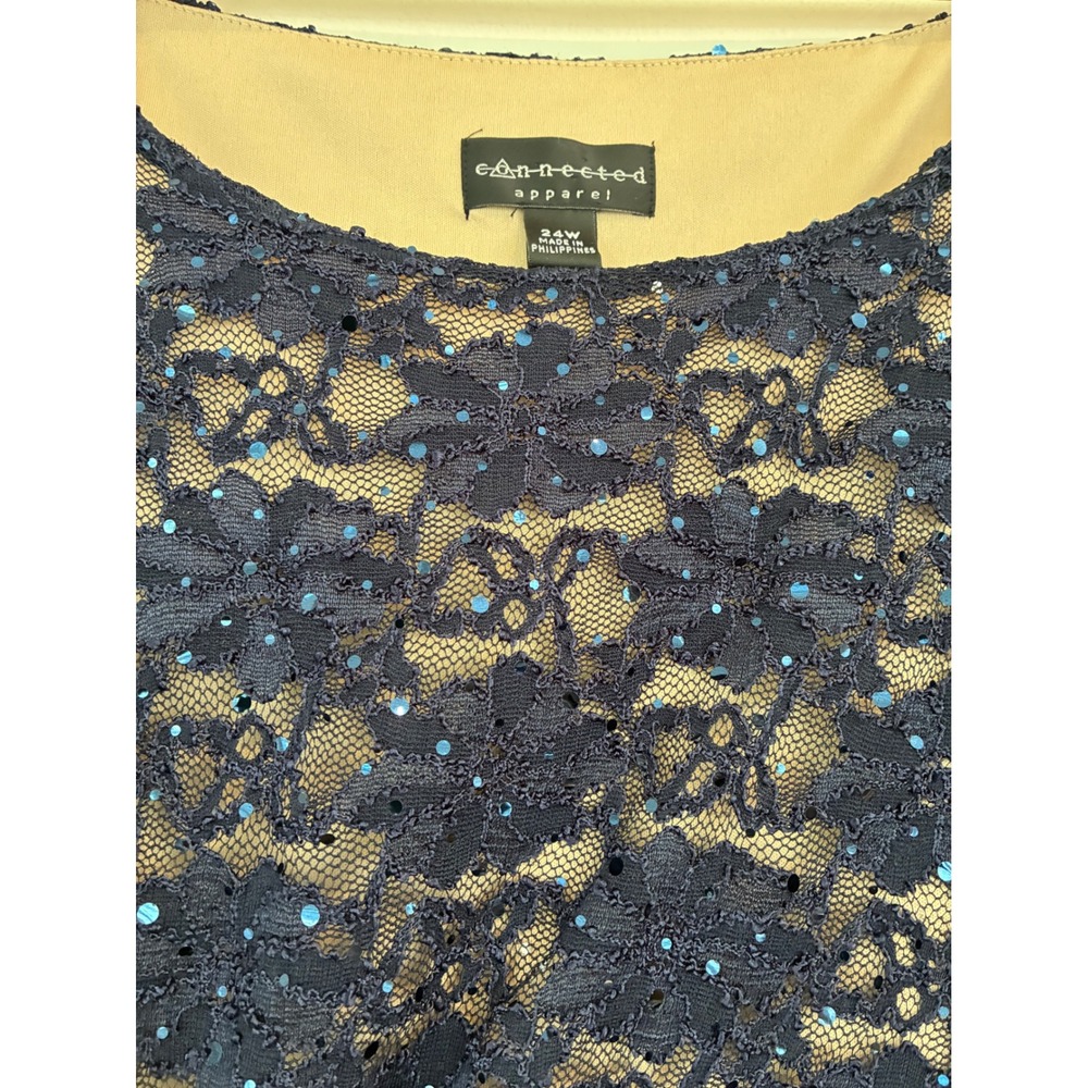 Connected Apparel Womens Dress Plus 24W Navy Blue Lace Sequin Party Cocktail - Picture 2 of 8